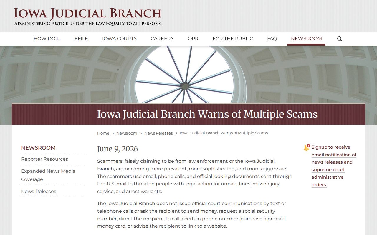 Iowa court warning about warrant payment scams