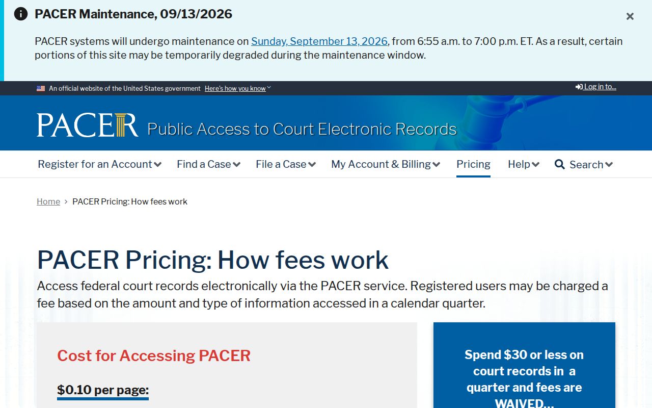 PACER federal docket pricing for Fayette County arrest warrant research