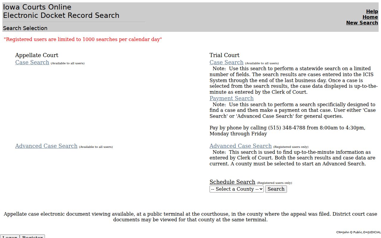 Iowa Courts Online public case search for Fayette County