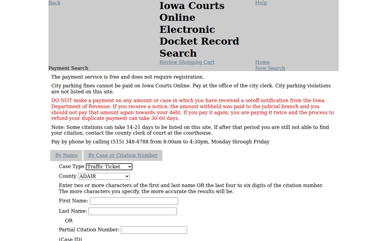 Fayette County traffic warrant court payment search screen
