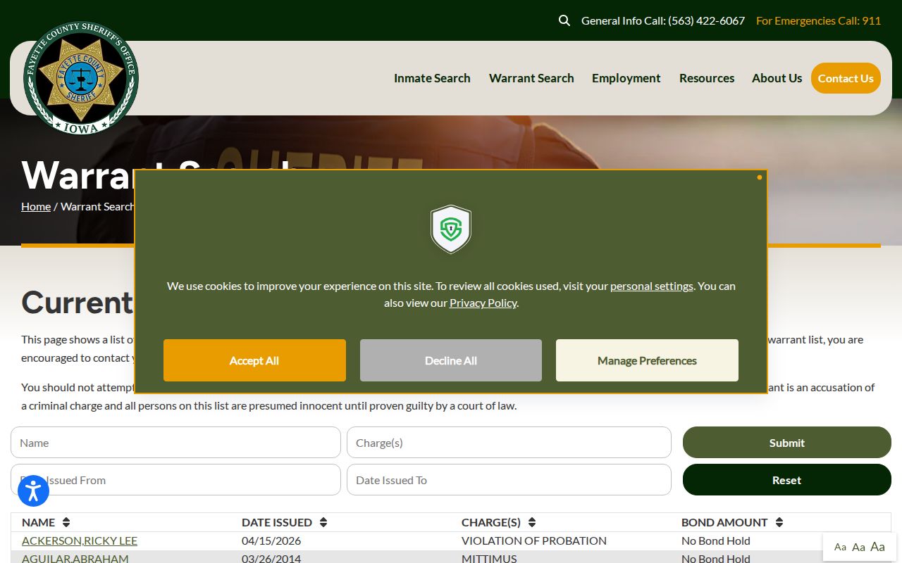 Fayette County Sheriff active warrant search filters and disclaimer